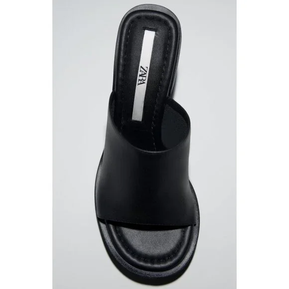 Zara Women's Black Leater Peep Toe Slip On Heel Sandals SZ 41/ US 10 - Picture 1 of 6